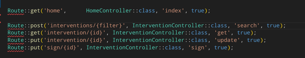 Table de routage PHP déclarant des routes GET, POST et PUT vers des classes Controller