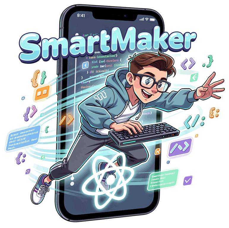 Illustration SmartMaker : un développeur jaillit d'un smartphone avec son clavier, entouré de code et du logo React